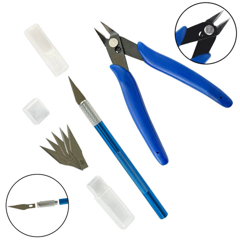 All In One Handy Hobby Model Building Tools Kit with pliers, precision knife, replacement blades, plastic cases for beginners.