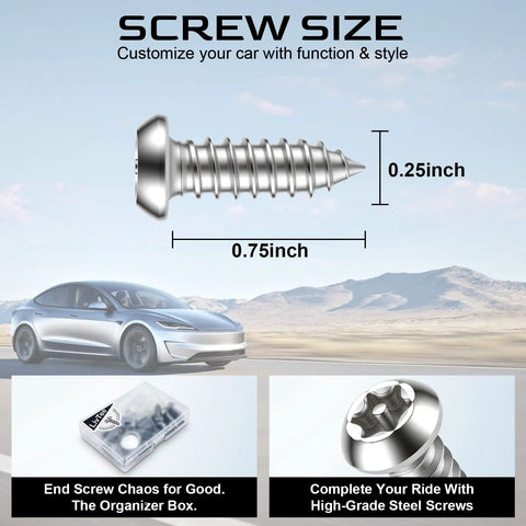 Heavy Duty Stainless Steel License Plate Screws Kit close-up of 0.75 inch screw design with sleek silver finishing.