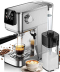 20 Bar Espresso Coffee Maker Delivering Smooth Barista Shots At Home With Fast Hot Cold Brew Options Built In Frother, stainless steel design with glass cup.