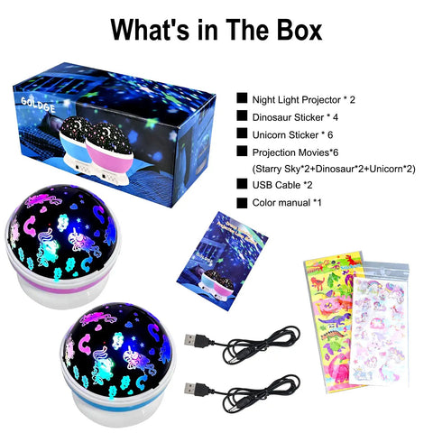Two Pack Kids Night Light Projector For Bedroom With Six Films Starry Sky Unicorns Dinosaurs Pink And Blue Colorful Glow 4.1 X 3.8 Inches Perfect Gift For Kids box contents including projectors and stickers
