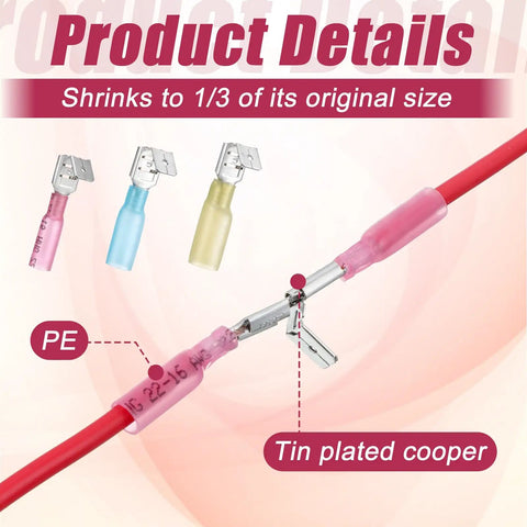 60Pcs Heat Shrink Piggyback Spade Connectors Kit with red, blue, yellow disconnect terminals and wiring details shown installed