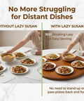 Comparison of serving with and without Thick Pine Lazy Susan Turntable for easy food access during meals.
