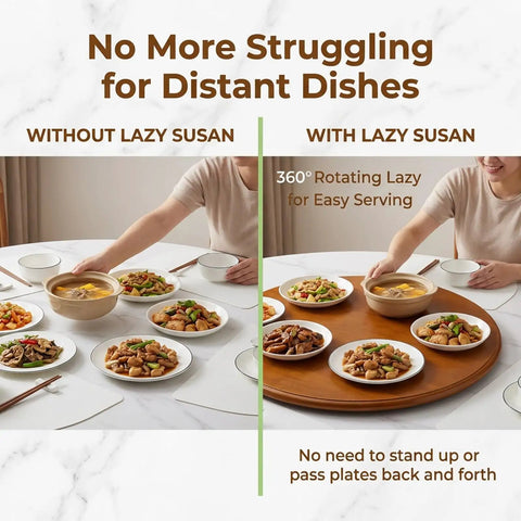 Comparison of serving with and without Thick Pine Lazy Susan Turntable for easy food access during meals.