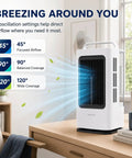 Portable Mini Personal Air Conditioner With Remote, 3 In 1 Evaporative Cooler on a desk highlighting 120 degree oscillation
