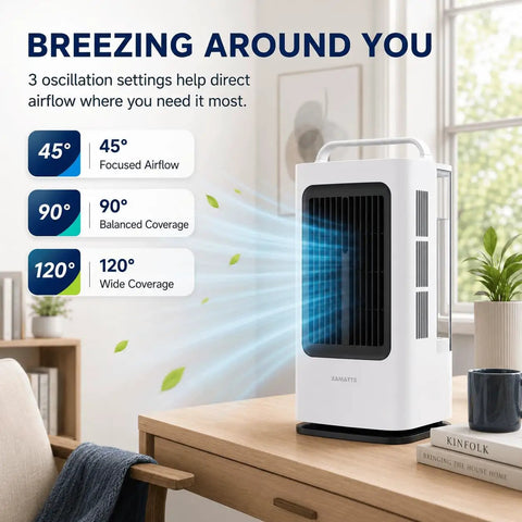 Portable Mini Personal Air Conditioner With Remote, 3 In 1 Evaporative Cooler on a desk highlighting 120 degree oscillation