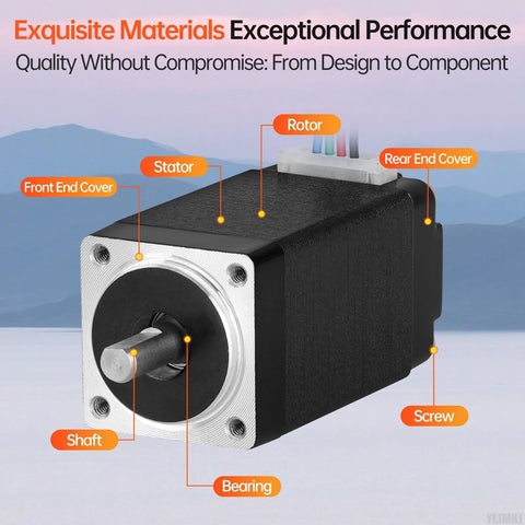 Front view of NEMA 8 stepper motor with 40mm frame, silver front plate, black housing, and protruding shaft.
