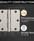 10 Pack Interior Door Hinges 3.5 Inch Square Satin Nickel One Quarter Inch Radius Steel Door Hardware Pre Lubricated To Prevent Squeaks Water Resistant For Left Or Right Handed Doors