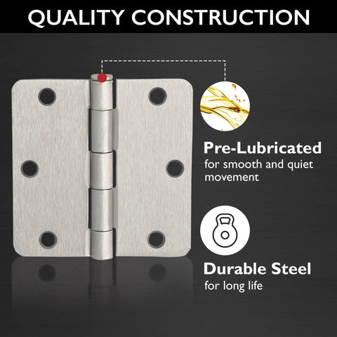 10 Pack Interior Door Hinges 3.5 Inch Square Satin Nickel One Quarter Inch Radius Steel Door Hardware Pre Lubricated To Prevent Squeaks Water Resistant For Left Or Right Handed Doors
