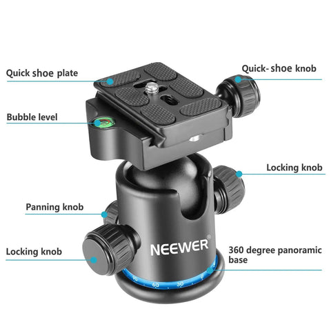 36mm Tripod Ball Head With 360 Degree Pan, Heavy Duty Metal Build, Arca Type Plate, Pro Grade Rig Companion For Photography And Videography., shown with quick-shoe plate and knobs