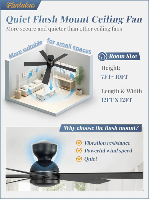 Image showcasing a living room with a 48 Inch Flush Mount Ceiling Fan No Light Black With Remote 6 Speed Quiet Reversible DC Motor.