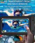 Person using Three Pack Universal Waterproof Phone Pouches With IPX8 Dry Bag Case underwater, phone displaying snorkeling scene.