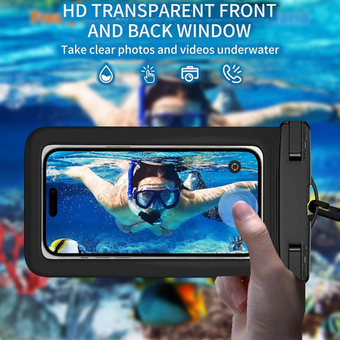 Person using Three Pack Universal Waterproof Phone Pouches With IPX8 Dry Bag Case underwater, phone displaying snorkeling scene.