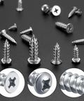 990 Pcs Self Tapping Screws Assortment Kit In Stainless Steel M3, M4, M5, M6, close-up of flat and round head screws