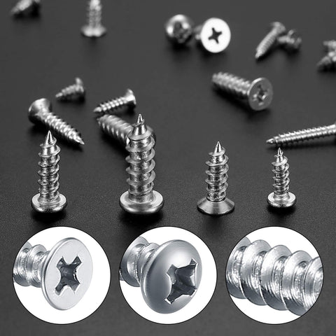 990 Pcs Self Tapping Screws Assortment Kit In Stainless Steel M3, M4, M5, M6, close-up of flat and round head screws