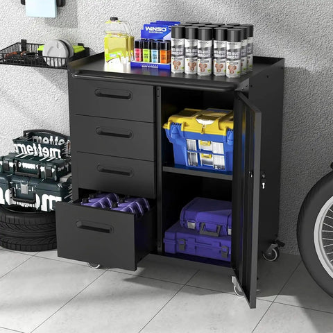 Black lockable steel tool cabinet with open drawers showing tools and gear, part of Beefy Heavy Duty Garage Storage Cabinet Set 6pc.
