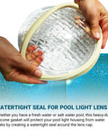 8 3/8 Inch Pool Light Lens Gasket And Stainless Pilot Screw Replacement Kit For Pentair 79101600Z 79104800 Easy Fit Plug And Play IntelliBrite AmerLite And SAM Amerlite Lights Heavy Duty Waterproof Seal installed on pool light lens