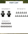Part list of Stainless Steel Awning Mounting Brackets For Rooftop Tent Side Tracks, 1 Pair, with bolts and nuts shown.