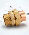 Real Solid 3/4 Inch Brass Pipe Union Fittings Three Pack Copper To Male Thread Sweat Plumbing Connectors showing detailed measurements and design.