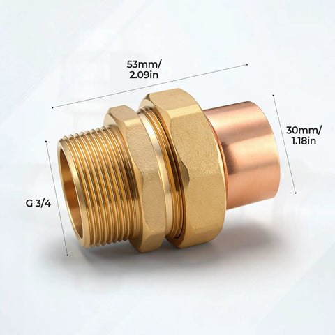Real Solid 3/4 Inch Brass Pipe Union Fittings Three Pack Copper To Male Thread Sweat Plumbing Connectors showing detailed measurements and design.