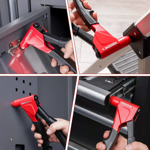 Arrow Headless Pop Rivet Gun One Handed Automatic Size Adjustment For 1 8 5 32 3 16 Inch Rivets No Change Heads Needed Heavy Duty Manual kit in use for metal and plastic assembly.