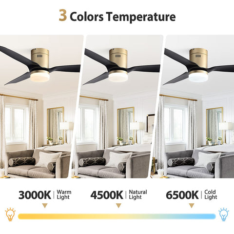 52 Inch Black Ceiling Fan With Lights And Remote, Whisper Quiet 6 Speed DC Motor, displayed in three color temperatures.