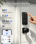Sick Matte Black Wifi Smart Fingerprint Deadbolt Front Door Lock with touchscreen and app control, showing fingerprint recognition features.