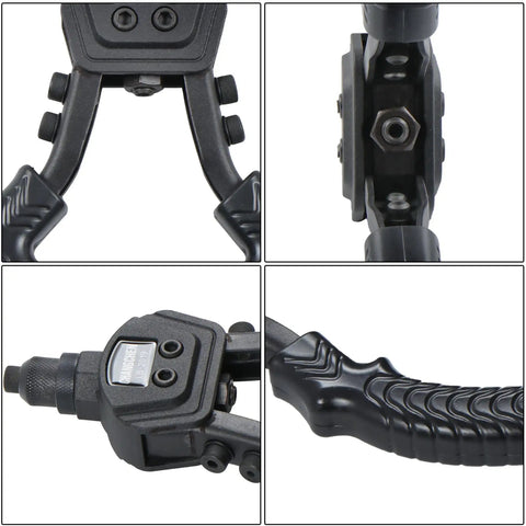 9-1/2 Inch Heavy Duty Riveting Kit With 400 Blind Rivets And 5 Nosepieces For Home, Automotive And Metalworking Projects - All In One Aluminum Rivet Gun Set That Tackles Thin To Thick Materials Like A Pro. close-up of black dual-handle rivet gun with nosepiece