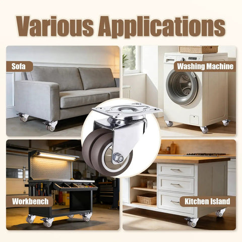 Various applications of 2 Inch Double Wheel Swivel Caster Wheels Set Of 4 Rubber Heavy Duty Casters with sofa, washing machine, workbench.