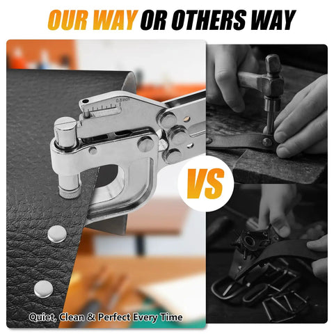 Leather Rivets Press Tool Kit With 160 Rivets And Installation Pliers shown in use on leather