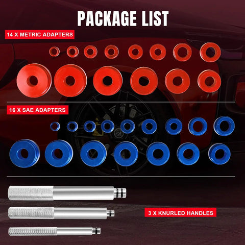 Pro Grade Bearing Race And Seal Driver Kit 33Pc With SAE And Metric Adapters, including knurled handles and color-coded adapters