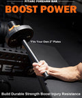 Two In Forearm Trainer for Strength Grip and Wrist Mobility with 2-inch bar held by hand on exercise bench.