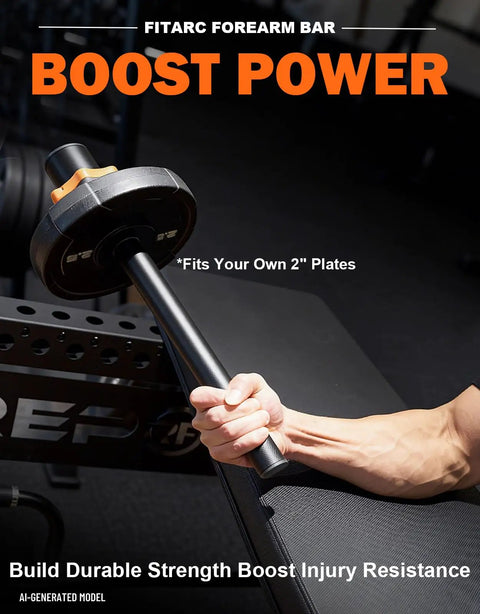 Two In Forearm Trainer for Strength Grip and Wrist Mobility with 2-inch bar held by hand on exercise bench.