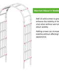 Weatherproof Vinyl Garden Arbor Arch 41W By 86H White Easy Assembly With Ground Anchors shown with stability details.