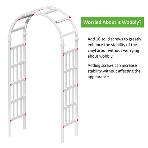 Weatherproof Vinyl Garden Arbor Arch 41W By 86H White Easy Assembly With Ground Anchors shown with stability details.