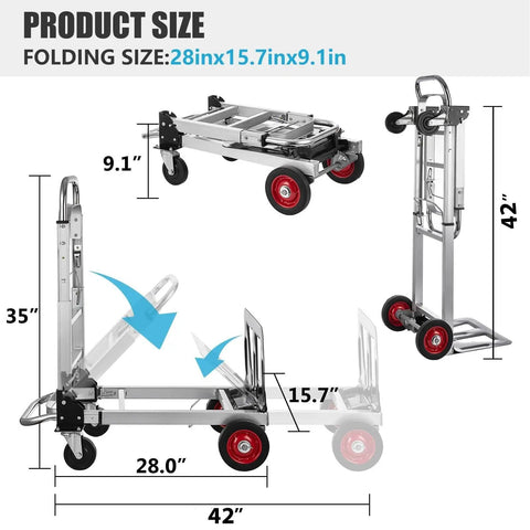 Beefy Heavy Duty 2 In 1 Aluminum Hand Truck Dolly Convertible With One Hand Switch For Versatile Lifting Up To 440 Lbs Four Wheel Or 220 Lbs Two Wheel, folded 28x15.7x9.1 in
