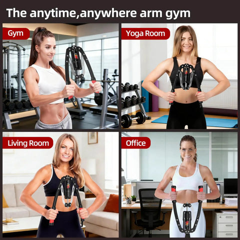 Get Pumped With This Premium Hydraulic Chest Expander Machine For Home Gym used in various settings: gym, office, yoga room, and living room.
