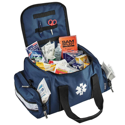 Open Arsenal 5215 Large Medic First Responder Trauma Duffel Bag with medical supplies visible, blue 600D polyester material.