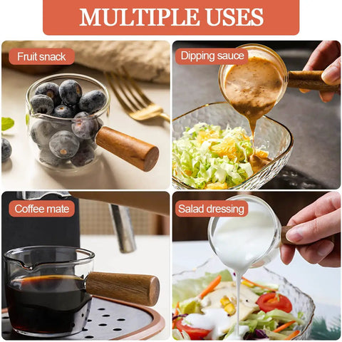 Single Spout Espresso Shot Glass With Wood Handle Measuring Cup Set, 75 Ml Two Pack, used for fruits, sauce, coffee, and salad dressing
