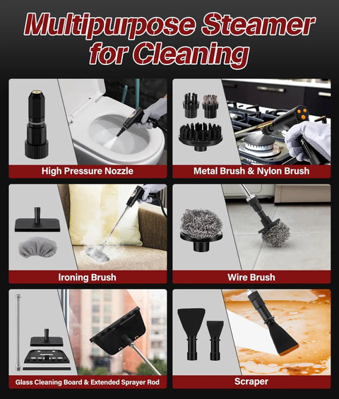 Supercharged 1500W Steam Cleaner with 1.2L Tank and 10s Heat Up delivers 221 Degrees High Pressure Steam to Wipe Away Stubborn Grease from Kitchens and Cars, Includes 20 Attachment Tools for versatile cleaning.