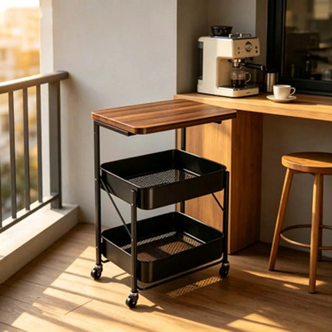 Versatile 2 Tier Rolling Utility Cart With Solid Wood Top And Reinforced Steel Mesh Basket Hella Sturdy Storage Trolley Smooth Glide Kitchen Organizer And Small Space Daily Flex on balcony.