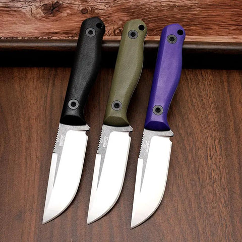 Three fixed blade knives with G10 handles in black, green, and blue for EDC and outdoor survival heavy duty camping hunting fishing.