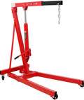 Heavy Duty Folding Engine Hoist And Cherry Picker Shop Crane With 1500 Lbs Capacity, red steel frame, smooth rolling casters.