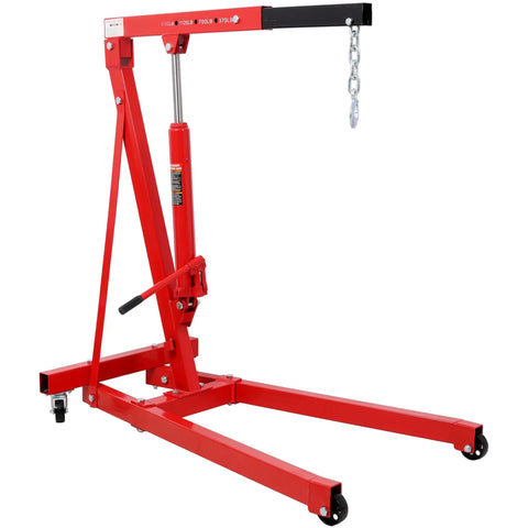 Heavy Duty Folding Engine Hoist And Cherry Picker Shop Crane With 1500 Lbs Capacity, red steel frame, smooth rolling casters.