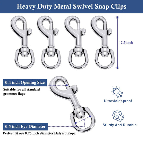 Heavy Duty Metal Swivel Flag Snaps With Kickass Swivel Eyelets For Max 5/16 Inch Rope, showcasing polished zinc clips, 2.5 inch size.