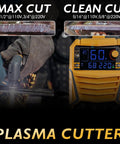 60 Amp Plasma Cutter With Non High Frequency Pilot Arc For Pro Grade Real Smooth Cuts Up To Three Quarters Inch Digital Display DC Inverter Dual Voltage 110 Or 220 Volts shown in use with digital controls visible