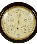 Old School Barometer With Temperature And Humidity, Cherry Finish Wood Base, 10 Inch Brass Bezel, Beige Dial Weather Meter For Your Home
