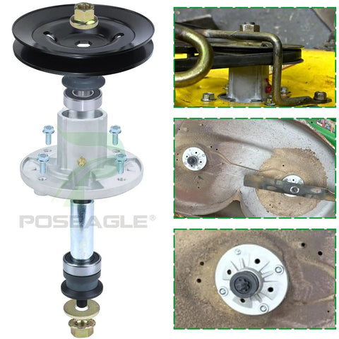 2 Pack Spindle Assembly With UC26511 Pulley Replacement For John Deere Z225 X300 X304 Lawn Tractors displayed in a kit