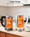 Two 1.7L electric kettles with temperature control and LED screen displayed on a kitchen counter, highlighting larger design.