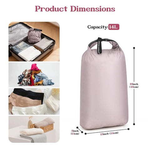 Travel Laundry Bag For Dirty Clothes With Waterproof Moisture Resistant Vacuum Compression Space Saving Organizer shown with dimensions 19x13x5 inches, pink color.