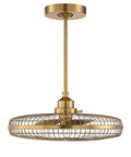 Industrial Cage Fandelier Ceiling Fan With Remote Control And Integrated Led Light Warm Brass Adjustable Stem hanging design.